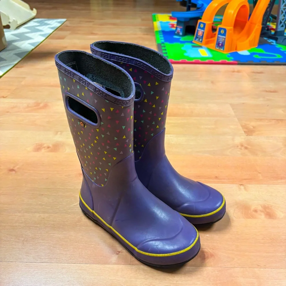 Bogs Purple & Yellow Classic Geo Triangle Print Rubber Rain Boots Kids Size 5